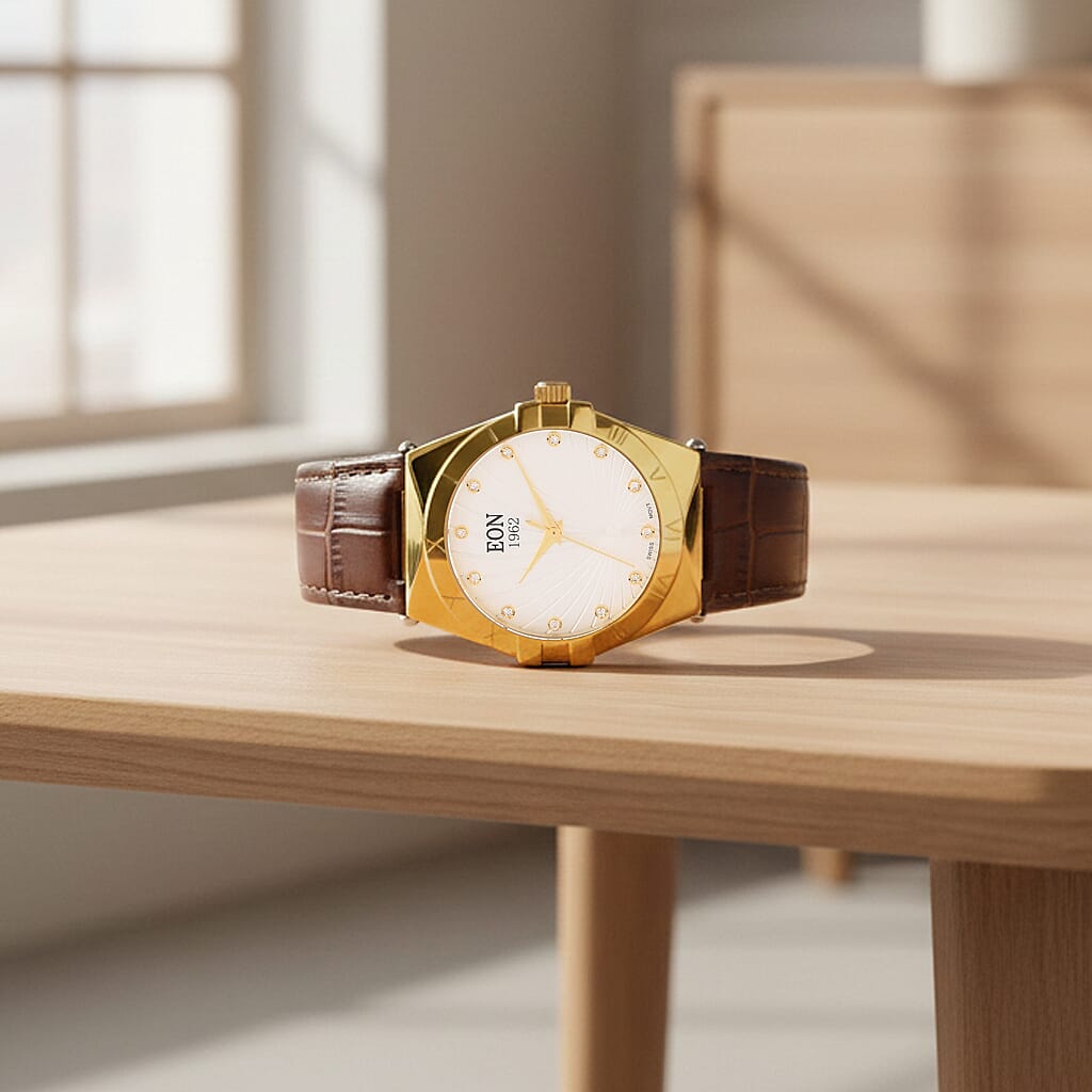 EON 1962 Ronda 763 Swiss Quartz 5ATM WR White Hydraulic & Diamond Dial & Gold Case Ladies Watch with Brown Leather Strap